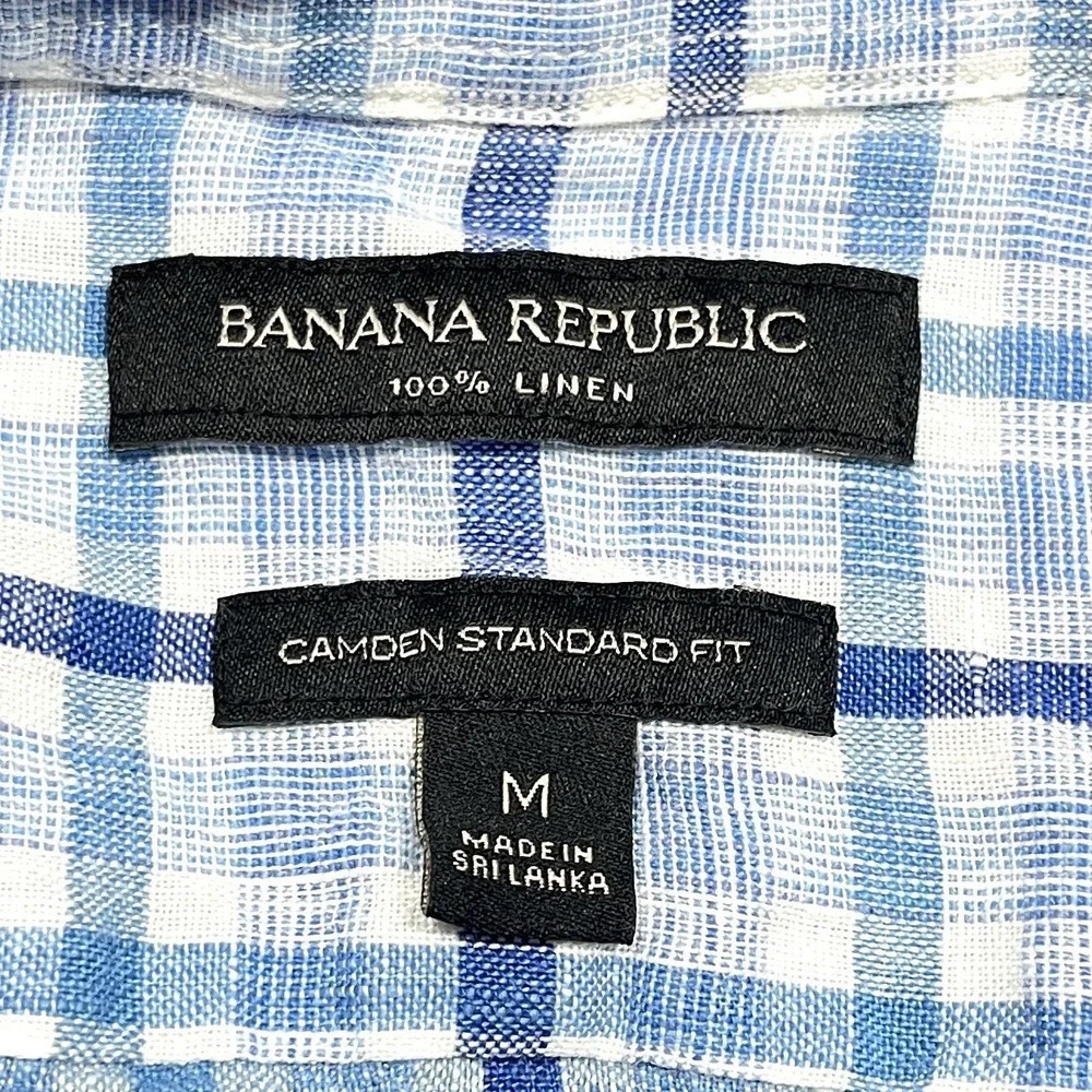 Banana Republic Camden Linen Shirt Mens M Standard Fit Blue Plaid Long Sleeve